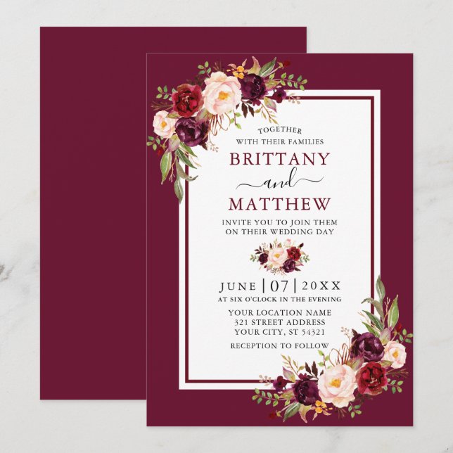 Wedding Watercolor Floral Burgundy Frame Invitation (Front/Back)