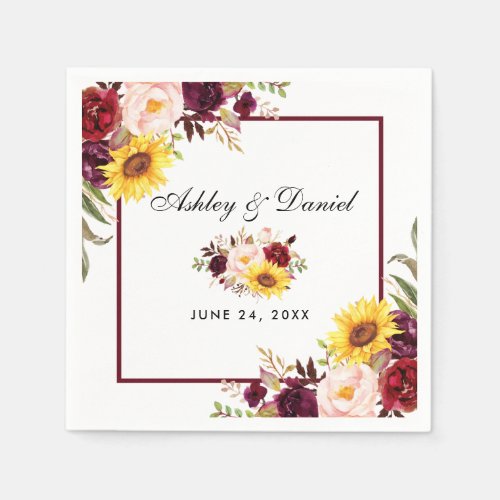 Wedding Watercolor Floral Burgundy Frame Napkins