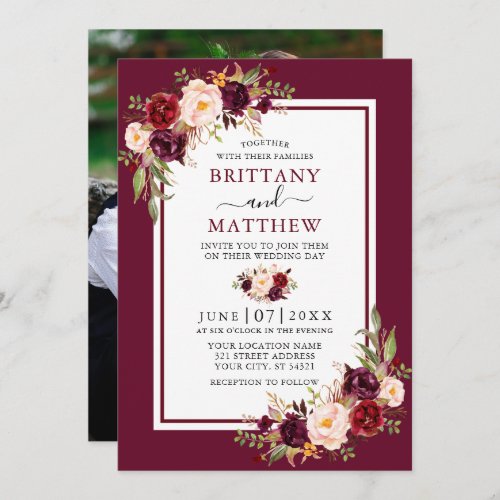 Wedding Watercolor Floral Burgundy Frame Photo Invitation