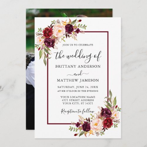 Wedding Watercolor Floral Burgundy Photo Invitation