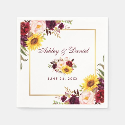 Wedding Watercolor Floral Gold Frame Napkins