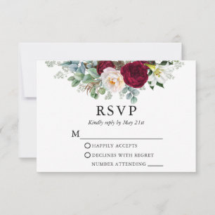 Wedding Watercolor Floral Greenery Burgundy RSVP Card