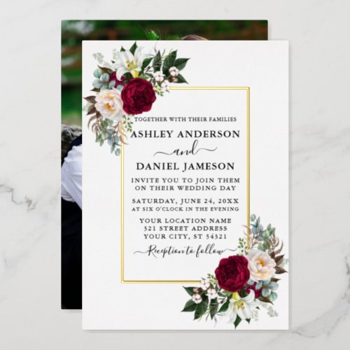 Wedding Watercolor Floral Greenery Photo Gold Foil Invitation