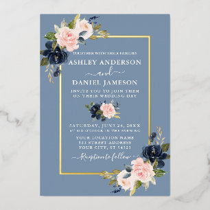 Wedding Watercolor Floral Pink Dusty Blue Gold Foil Invitation