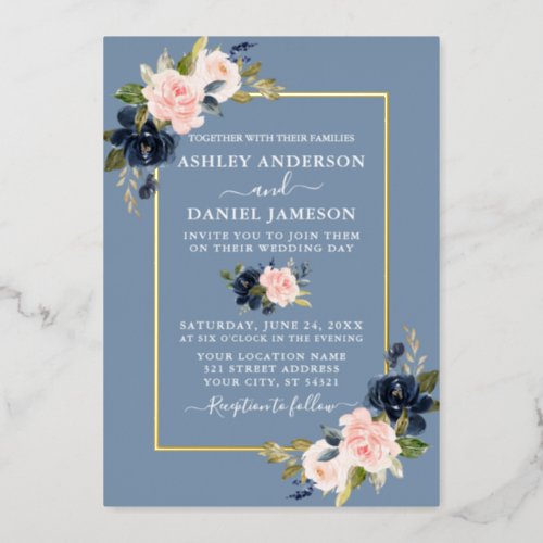 Wedding Watercolor Floral Pink Dusty Blue Gold Foil Invitation