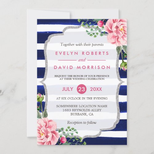 Wedding Watercolor Floral Silver Navy Blue Stripes Card