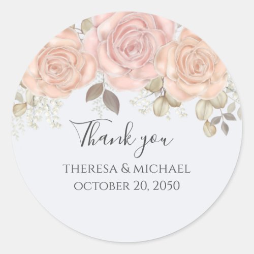 Wedding Watercolor Floral Thank You Rose Elegant Classic Round Sticker