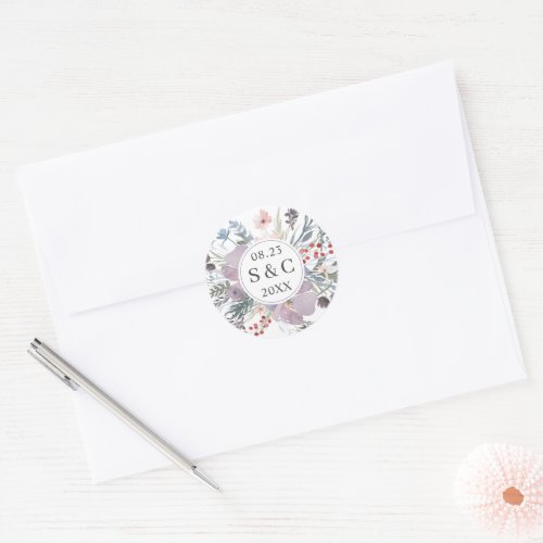 Wedding Watercolor Floral Wildflower Monogram Date Classic Round Sticker