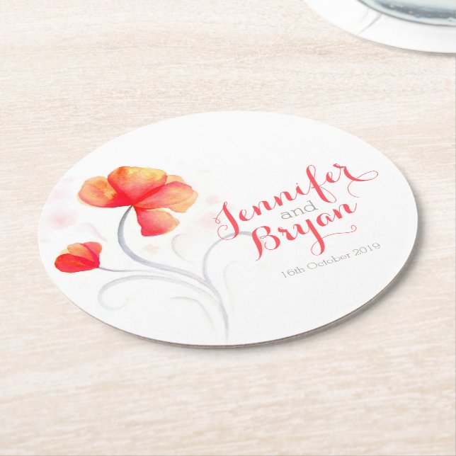 Wedding watercolor flower orange paper coasters (Angled)