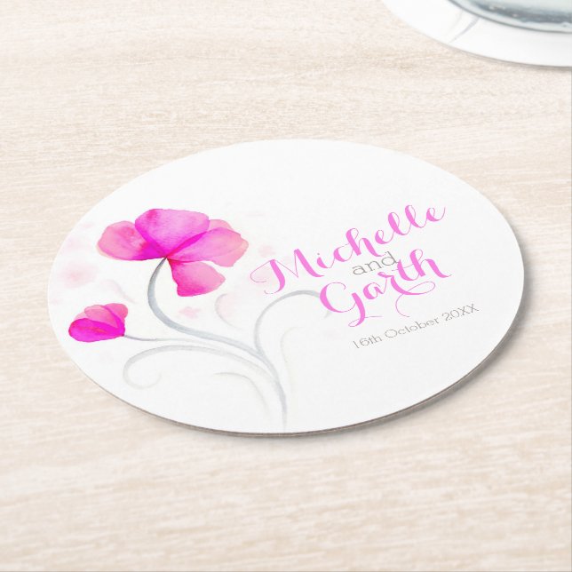 Wedding watercolor flower pink paper coasters (Angled)