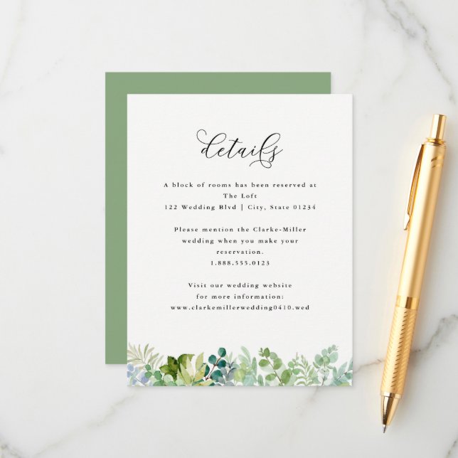 Wedding-Watercolor Greenery and Foliage Details Enclosure Card (Front/Back In Situ)