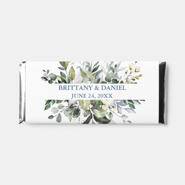Wedding Watercolor Greenery Dusty Blue Hershey Bar Favors (Front)