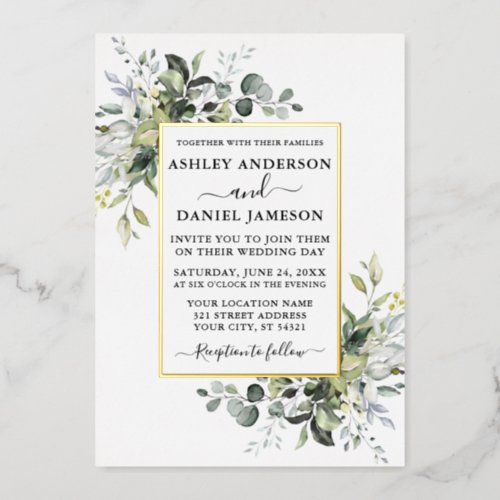 Wedding Watercolor Greenery Elegant Gold Foil Invitation