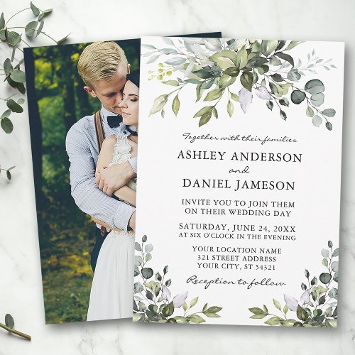 Wedding Watercolor Greenery Photo Back Invitation