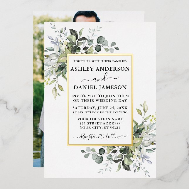 Wedding Watercolor Greenery Photo Gold Foil Invitation (Front/Back)