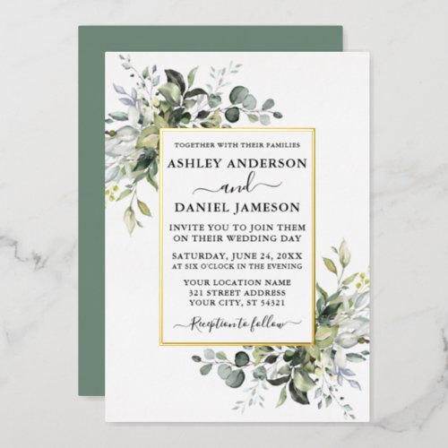 Wedding Watercolor Greenery Sage Green Gold Foil Invitation