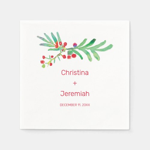 Wedding Watercolor Holly Berries Modern Monogram Napkins