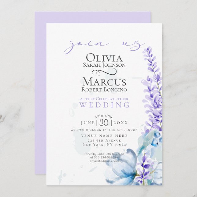 Wedding | Watercolor Lavender - Dusty Blue Florals Invitation (Front/Back)