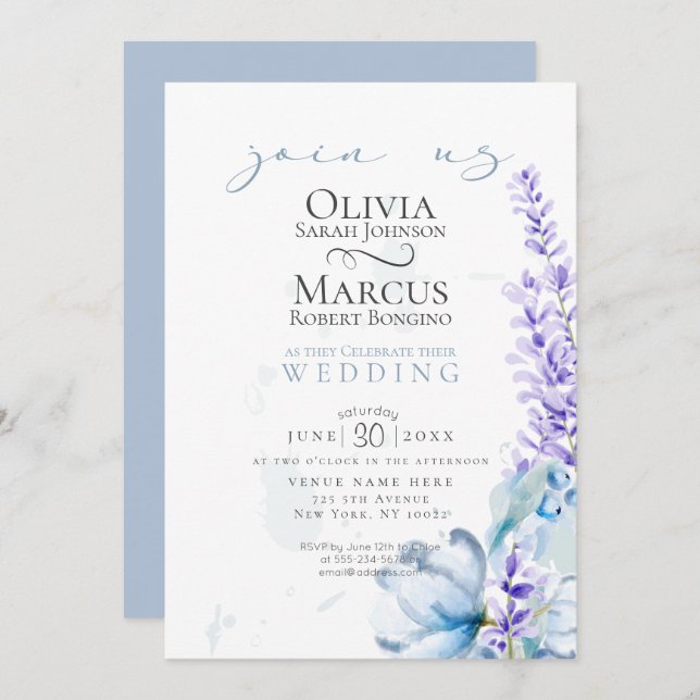 Wedding | Watercolor Lavender - Dusty Blue Florals Invitation (Front/Back)