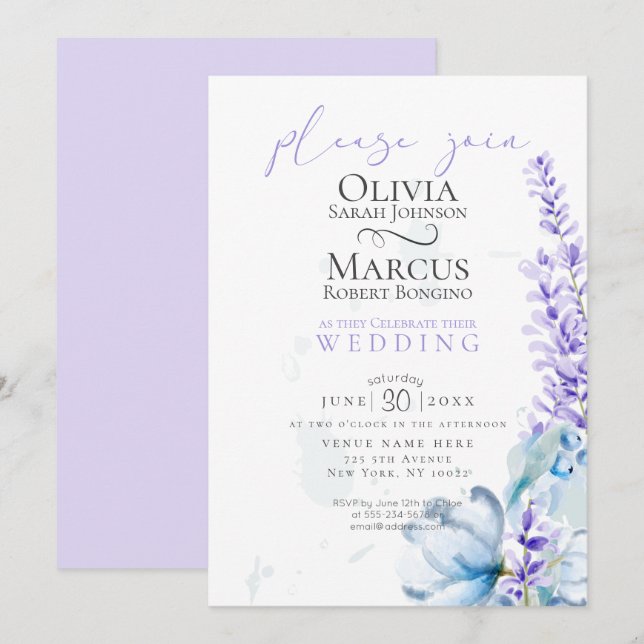 Wedding | Watercolor Lavender - Dusty Blue Florals Invitation (Front/Back)