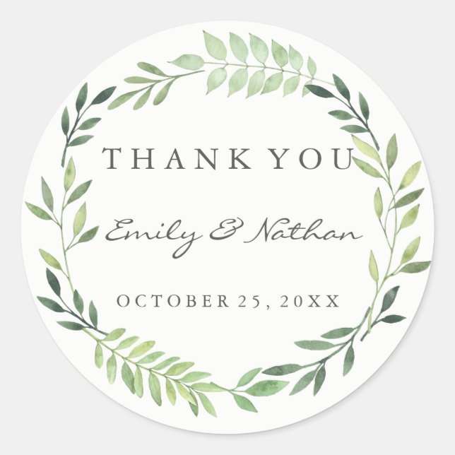 Wedding Watercolor Leaf Wreath Thank You Sticker (Front)