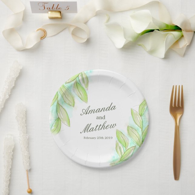 Wedding watercolor leaves custom paper plate (Wedding)