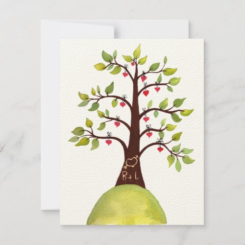 Wedding Watercolor Love Heart Tree Carving Invite