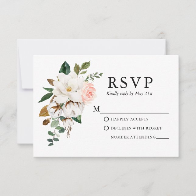 Wedding Watercolor Magnolias Pink Roses RSVP Card (Front)