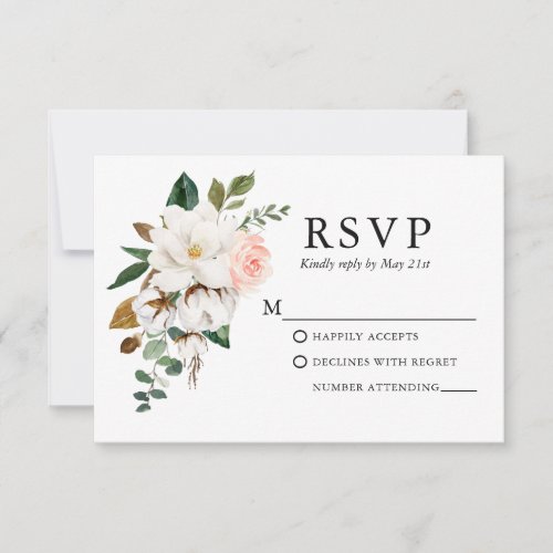Wedding Watercolor Magnolias Pink Roses RSVP Card