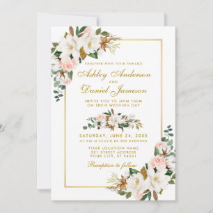 Wedding Watercolor Magnolias Roses Floral Gold Invitation