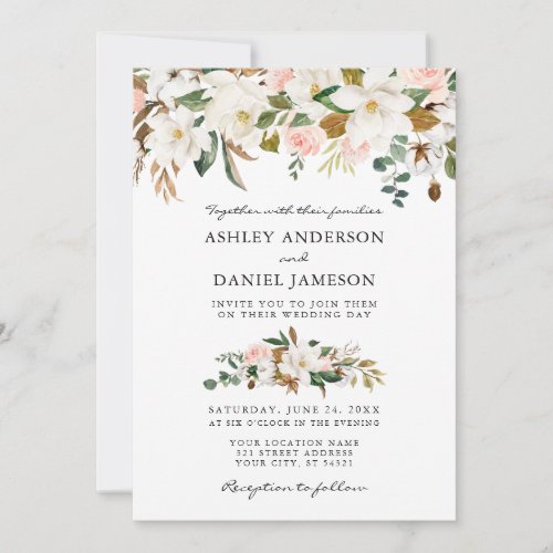 Wedding Watercolor Magnolias Roses Greenery Invitation