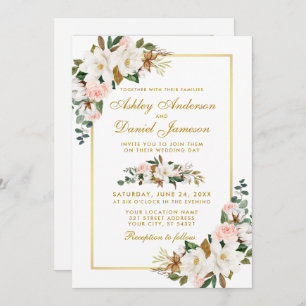 Wedding Watercolor Magnolias Roses Photo Gold Invitation