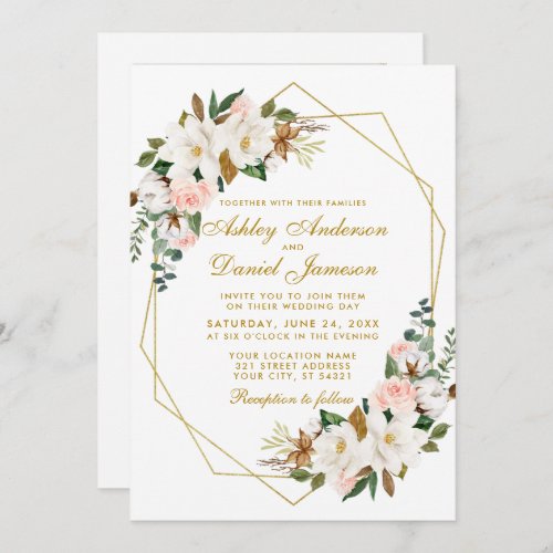 Wedding Watercolor Magnolias Roses Photo Gold Invitation
