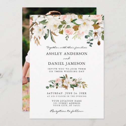 Wedding Watercolor Magnolias Roses Photo Invitation