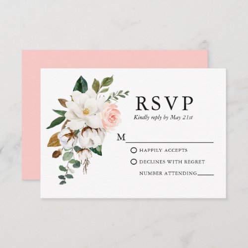 Wedding Watercolor Magnolias Roses Pink Blush RSVP Card