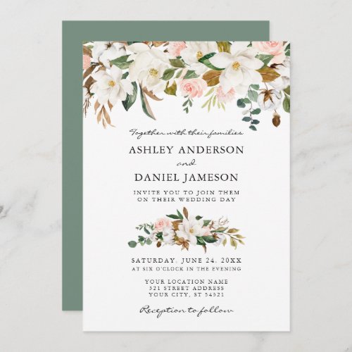 Wedding Watercolor Magnolias Roses Sage Green Invitation