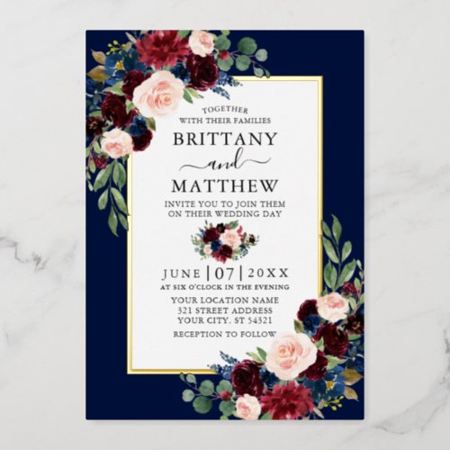 Wedding Watercolor Mixed Floral Blue Gold Foil Invitation