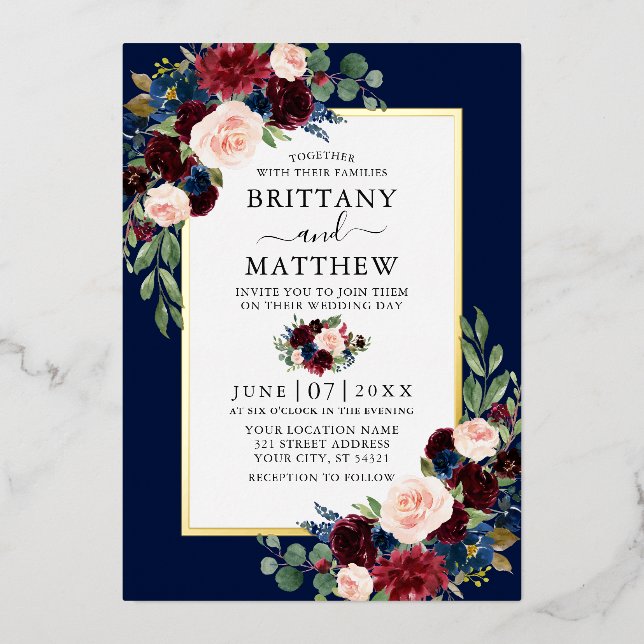 Wedding Watercolor Mixed Floral Blue Gold Foil Invitation (Front)