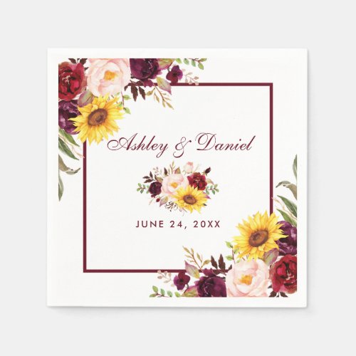 Wedding Watercolor Mixed Floral Burgundy Frame Napkins