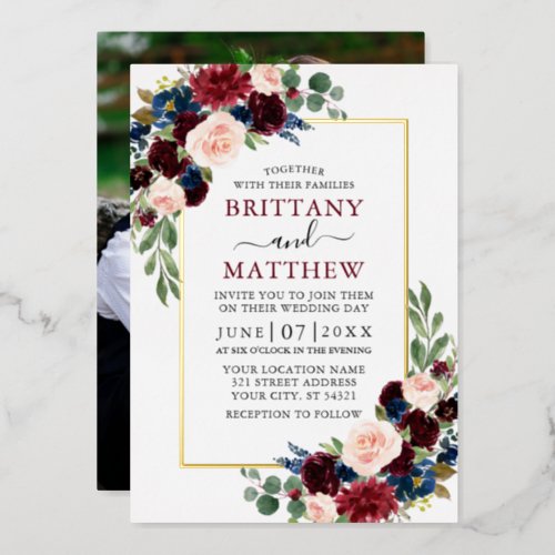 Wedding Watercolor Mixed Floral Photo Gold Foil Invitation