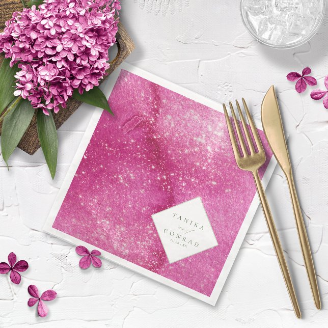 Wedding Watercolor Names Fuchsia ID954 Paper Dinner Napkins (Creator Uploaded)