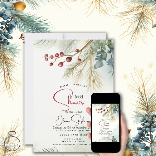 Wedding  Watercolor Pine Mistletoe and Berries Invitation