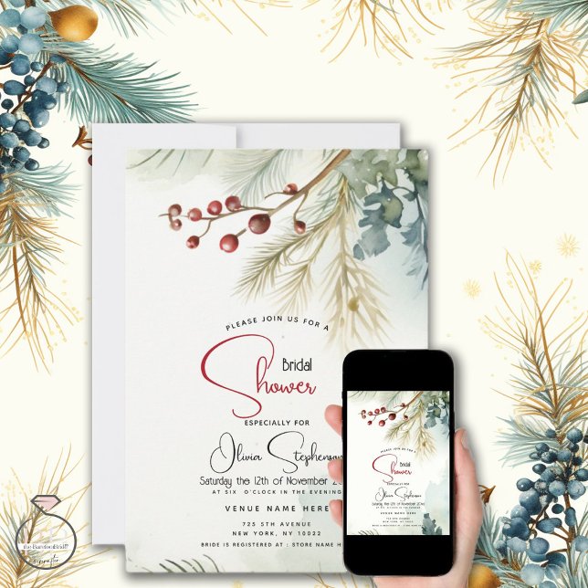 Wedding | Watercolor Pine Mistletoe and Berries Invitation (Creator Uploaded)