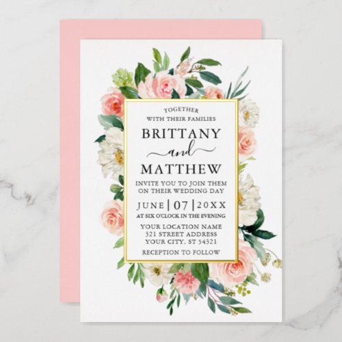 Wedding Watercolor Pink Blush White Floral Gold Foil Invitation