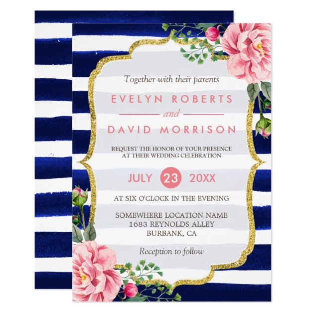 Wedding Watercolor Pink Floral Navy Blue Stripes Invitation