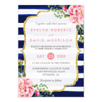 Wedding Watercolor Pink Floral Navy Blue Stripes Card