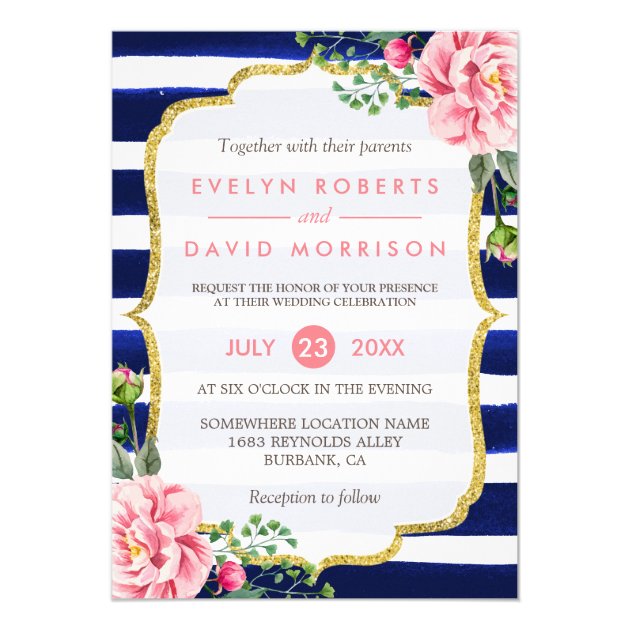 Wedding Watercolor Pink Floral Navy Blue Stripes Invitation