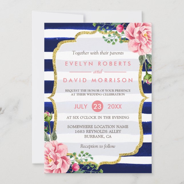 Wedding Watercolor Pink Floral Navy Blue Stripes Invitation (Front)