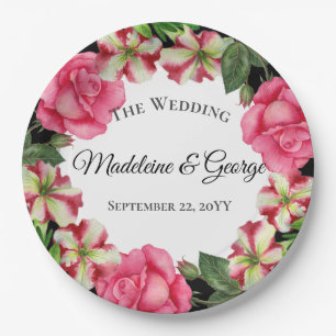 Wedding Watercolor Pink Flowers Wreath Circle Paper Plates