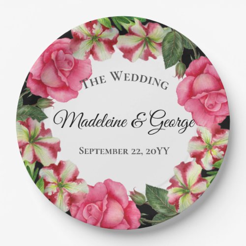 Wedding Watercolor Pink Flowers Wreath Circle Paper Plates